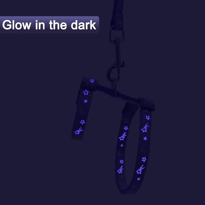 Cat Harness and Leash Set for Outdoor Walking Escape Proof Adjustable Soft Safety Strap with Golden Star and Moon Design Glow in The Dark Purple