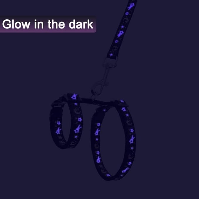 Cat Harness and Leash Set for Outdoor Walking Escape Proof Adjustable Soft Safety Strap with Golden Star and Moon Design Glow in The Dark Black