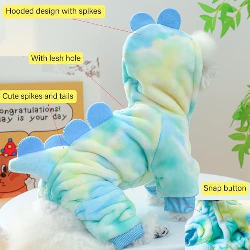 Dinosaur Dog Clothes for Small Dog Girl Boy, Fleece Winter Puppy Hoodies with Leash Ring, Cat Coat for Cold Weather, Funny Dinosaur Costume for Christmas Halloween (Green, X-Small)