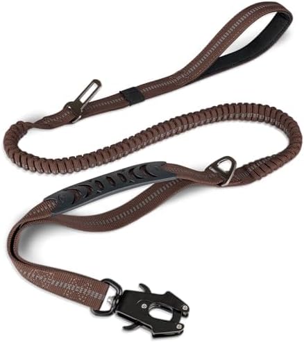 Joytale Tactical Dog Leash Heavy Duty, 4-6FT Shock Absorbing Bungee Lead with 2 Padded Handle, Metal Carabiner Clip, Car Seatbelt, Strong No Pull Leash for Medium Large X-Large Dogs, Brown