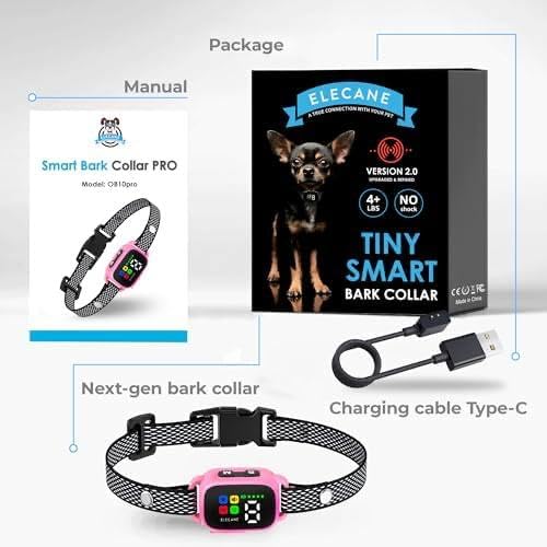Tiny Bark Collar for Small Dogs 5-15 lbs and Puppies - No Shock Anti Barking Collar - Rechargeable Smart Collar for Dog Training with 7 Sensitivity Levels and 3 Beep&Vibration Modes (Pink)