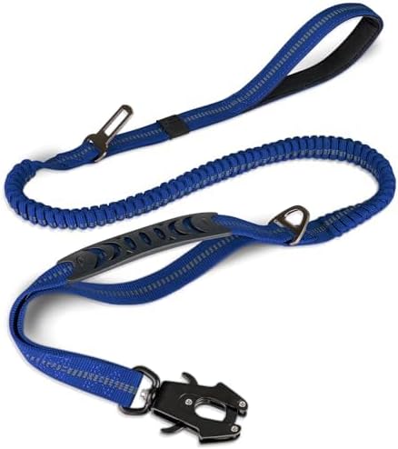 Joytale Tactical Dog Leash Heavy Duty, 4-6FT Shock Absorbing Bungee Lead with 2 Padded Handle, Metal Carabiner Clip, Car Seatbelt, Strong No Pull Leash for Medium Large X-Large Dogs, Navy Blue