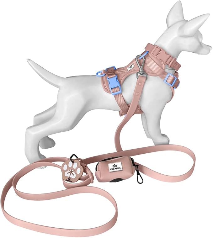 King Macks Dog Harness Set with Collar and Leash, Waste Bag Holder and Dirty Waste Bag Clip, Adjustable for Small/Medium/Large Dogs, Lightweight (Pink Sands with Blue, Small)