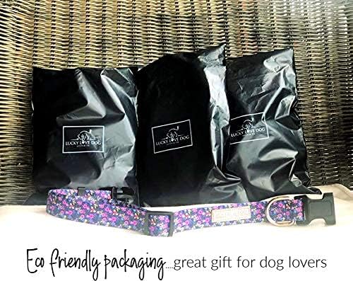 Lucky Love Dog, Matching Dog Collar & Leash Set for Female Dogs, Soft, Adjustable, Safe for Training and Walking, Black & Purple Floral Print, Primrose Combo, Small