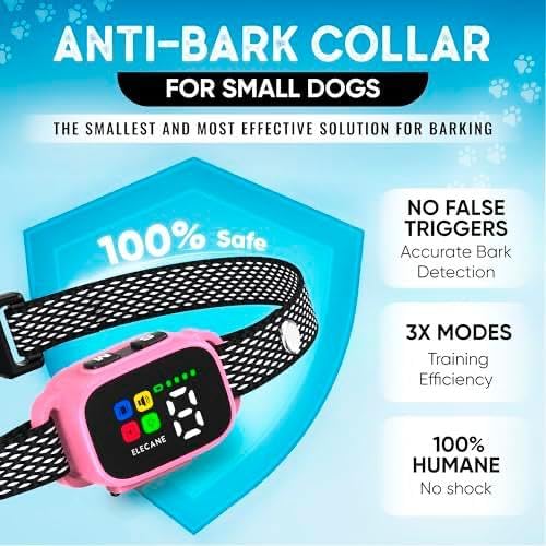 Tiny Bark Collar for Small Dogs 5-15 lbs and Puppies - No Shock Anti Barking Collar - Rechargeable Smart Collar for Dog Training with 7 Sensitivity Levels and 3 Beep&Vibration Modes (Pink)