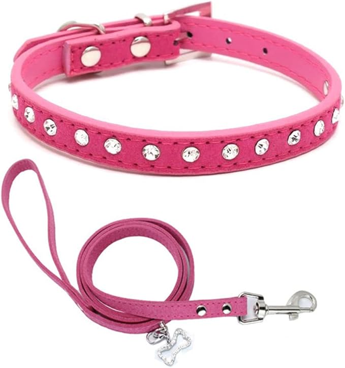Puppy Collar and Leash with Bling Diamond, Pretty Crystal Sparkly Rhinestone Glitter Jewel Girls Cat Collars for XXS Xs Small Medium Pet Female Dogs Boys Kitten, Hot Pink XSmall
