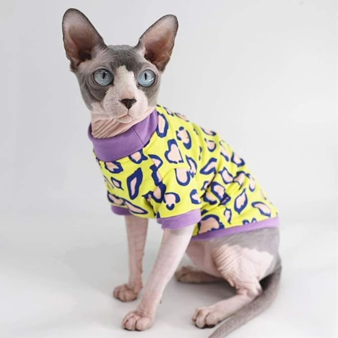 Sphynx Hairless Cat Cute Summer Cotton T-Shirts Pet Clothes,Round Collar Kitten Shirts Cats Apparel (Leopard, X-Large (Pack of 1))