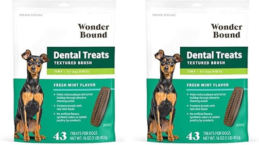 Amazon Brand - Wonder Bound Dog Dental Treats for Tiny Dogs (5-15 lbs), Fresh Mint Flavor, Made with Real Chicken, Nubbed Texture for Plaque & Tartar Control, Freshens Breath While Chewing, 43 Count