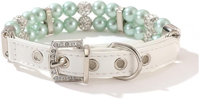 Green Pearl Dog Collars for Small Dogs, Beaded Cat Collar Leather Puppy Necklace with Crystal Rhinestone Diamond for Girl Kitten XXSmall Small Medium Dogs Jewelry Wedding & Birthday, XXS