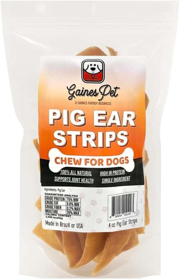 Gaines Pet Pig Ear Strips for Dogs – 4 oz Bag, Grass-Fed, Free-Range, High-Protein & Low-Fat Chews – Natural, Easily Digestible Treats for All Dog Breeds, Supports Dental & Oral Health