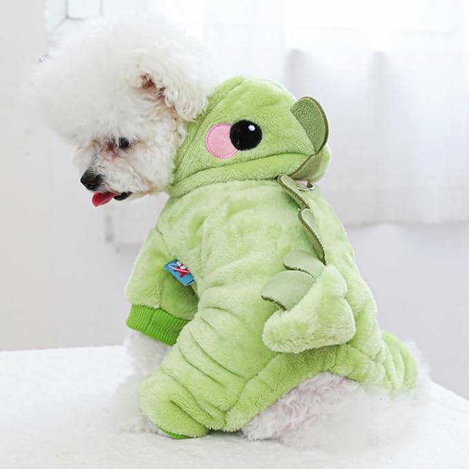 Dinosaur Dog Costume, Winter Dog Pajamas for Small Dogs, Warm Puppy Hoodies, Blue Cold Weather Coat for Cat, Warm Pet Clothes for Christmas Halloween (Green-2, Small)
