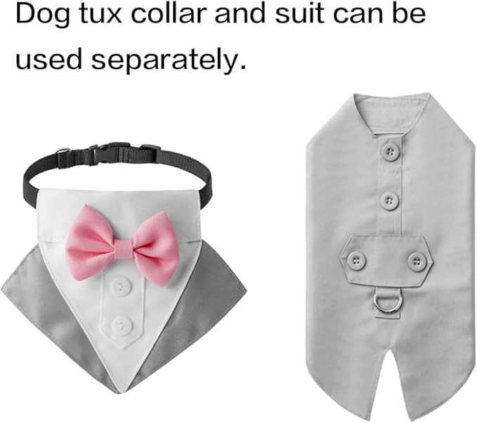 Tuxedo Dog Collar for Wedding Engagement and Birthday, Formal Dog Bandana Collar Costume with Bow Tie and Adjustable Buckle,Suitable for Small Medium Large Dog. (Gray, S)