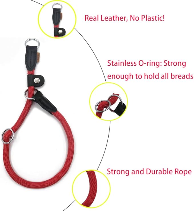 Braided Round Martingale Dog Collar, Training Collar with Slidable Stop Ring and Adjustable Stopper - Ideal for Extra Large Dogs (XL(1/2") - 24" Long, Red)