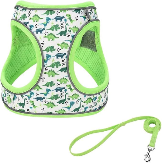 XXS Green Dinosaur Pattern Dog Harness and Leash Set,No Escape Puppy Harnesses for Training Walking,Breathable Adjustable Puppy Vest for Small Medium Dogs, Cats (Green, XXS)