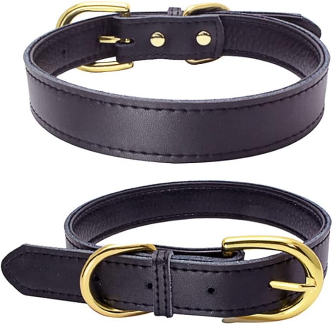 Genuine Leather Dog Collar with Airtag Holder, Soft Real Cowhide Two-Tone Padded, Gold Buckle Durable Pet Cat Collars Adjustable for Small Medium Large Hound Terrier Puppy, Black S