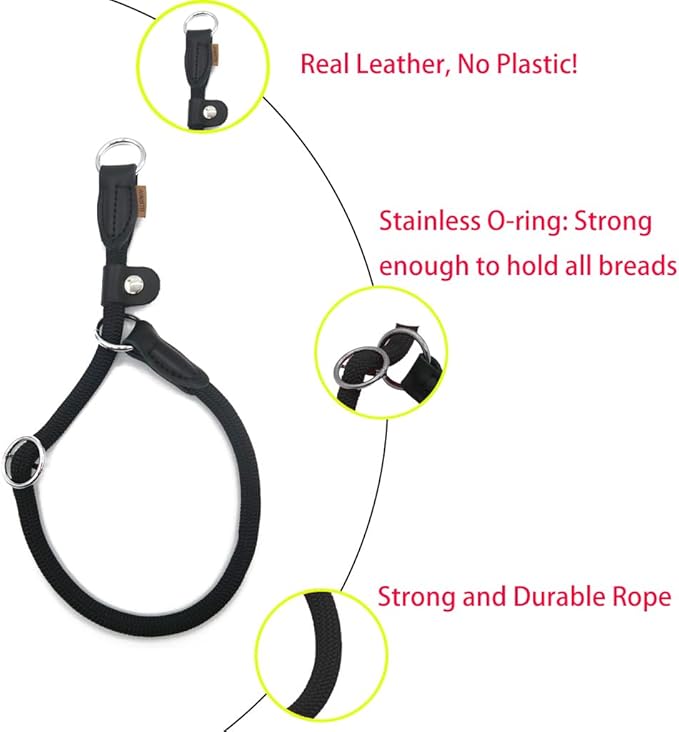 Braided Round Martingale Dog Collar, Training Collar with Slidable Stop Ring and Adjustable Stopper - Ideal for Large Dogs (L(1/2") - 20" Long, Black)