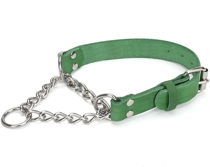 Martingale Collar for Dogs No-Pull Adjustable Training Collar with Stainless Steel Chain - Genuine Leather Anti-Slip Design for Small,Medium,Large Breed Dogs - Green (L)