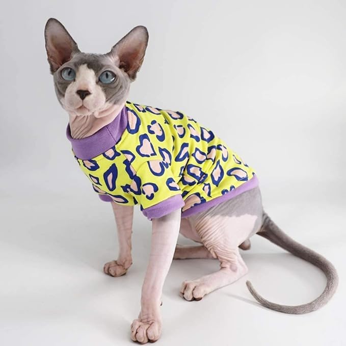 Sphynx Hairless Cat Cute Summer Cotton T-Shirts Pet Clothes,Round Collar Kitten Shirts Cats Apparel (Leopard, X-Large (Pack of 1))