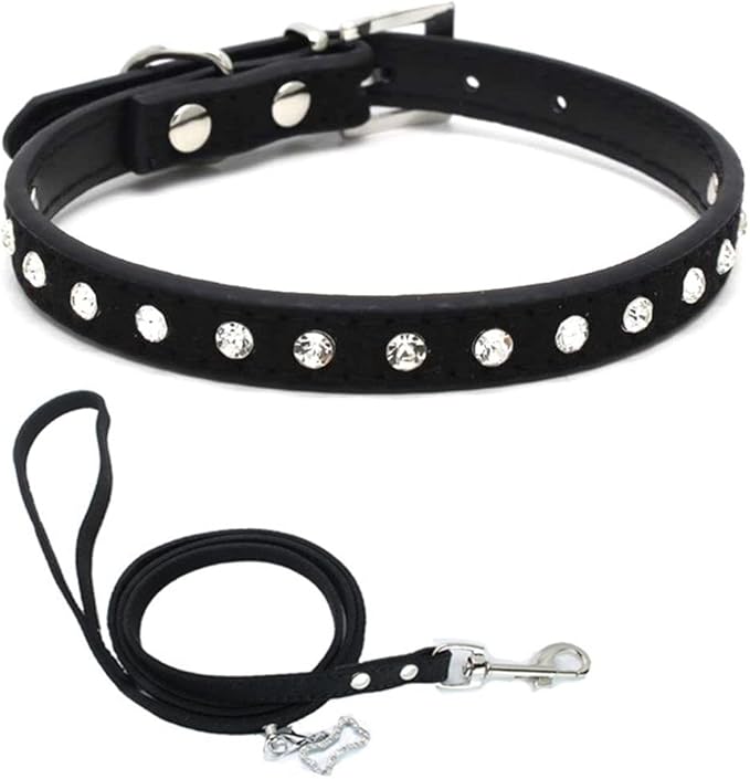 Puppy Collar and Leash with Bling Diamond, Pretty Crystal Sparkly Rhinestone Glitter Jewel Girls Cat Collars for XXS Xs Small Medium Pet Female Dogs Boys Kitten, Black S