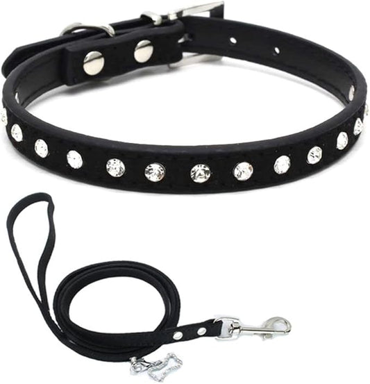 Puppy Collar and Leash with Bling Diamond, Pretty Crystal Sparkly Rhinestone Glitter Jewel Girls Cat Collars for XXS Xs Small Medium Pet Female Dogs Boys Kitten, Black S