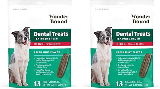 Amazon Brand - Wonder Bound Dog Dental Treats for Medium Dogs (25-50 lbs), Fresh Mint Flavor, Made with Real Chicken, Nubbed Texture for Plaque & Tartar Control, Freshens Breath While Chewing 13 Count