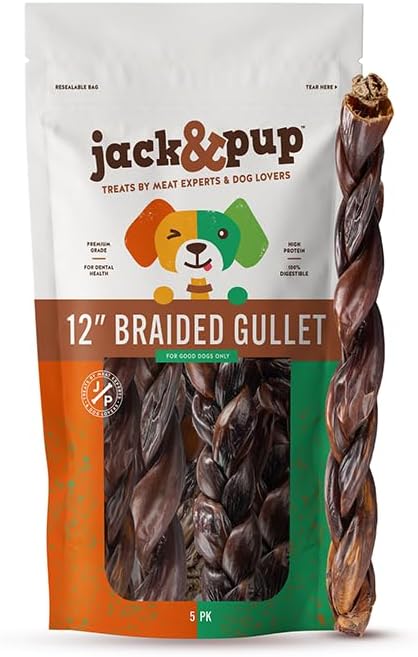 Jack&Pup Braided Beef Gullet Sticks for Dogs | 12" Beef Esophagus Dog Treats | Single Ingredient Beef Sticks for Dogs (5 Ct)