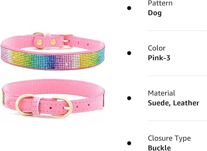Rhinestone Dog Collar, Cute Dazzling Sparkling Soft Suede Leather Dog Cat Rhinestone Collar Crystal Diamond Pet Dog Puppy Collar (S, Pink-3)