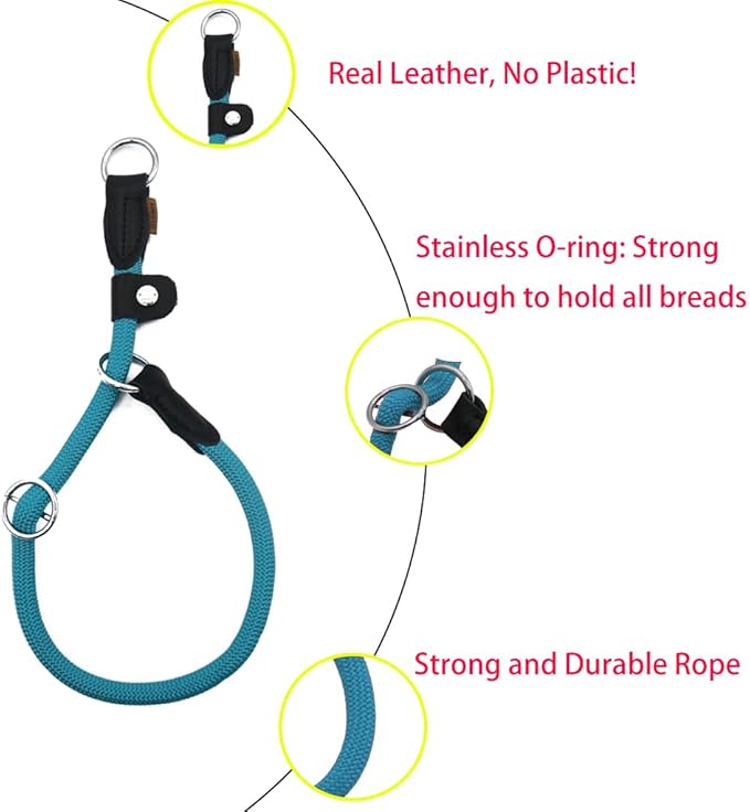 Braided Round Martingale Dog Collar, Training Collar with Slidable Stop Ring and Adjustable Stopper - Ideal for Extra Large Dogs (XL(1/2") - 24" Long, Light Blue)