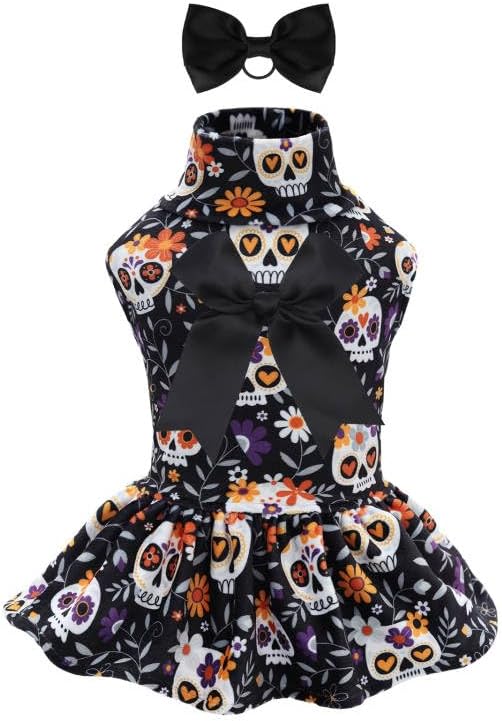 CuteBone Turtleneck Dog Velvet Dress Halloween Puppy Skirt Costume Pet Clothes Cat Apparel with Bow Hair Rope for Small Dogs CVD18M