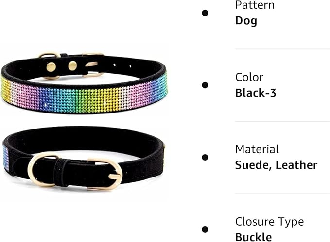 Rhinestone Dog Collar, Cute Dazzling Sparkling Soft Suede Leather Dog Cat Rhinestone Collar Crystal Diamond Pet Dog Puppy Collar (S, Black-3)