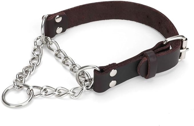 Martingale Collar for Dogs No-Pull Adjustable Training Collar with Stainless Steel Chain - Genuine Leather Anti-Slip Design for Small,Medium,Large Breed Dogs - Brown (S)