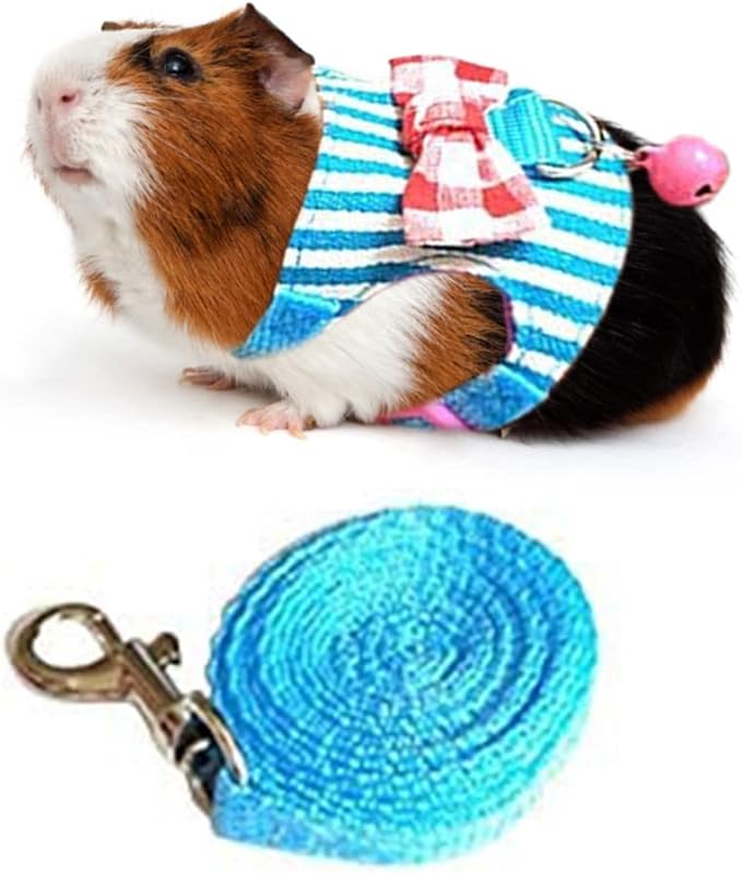 Litewoo Hamster Outdoor Walking Vest Harness and Leash Set Cute Bow-knot and Clear Bell Decor Chest Strap Harness for Rabbit Guinea Pig Chinchilla Ferret Squirrel Marten Kitten (MEDIUM,Blue Stripe)