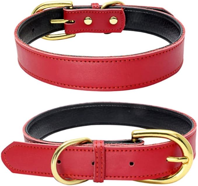 Leather Collar for Small Dogs, Soft Touch Padded Thick Genuine Cowhide Gold Buckle Durable Pet Cat Collars Adjustable for XS Puppy Medium Dogs, Red XSmall