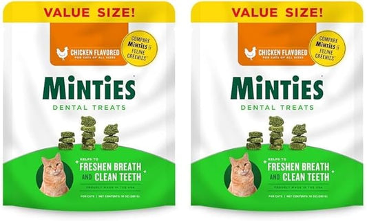 Minties Dental Treats for Cats, Chicken Flavored Treats for Cats, Freshens Breath and Controls Tartar, 10oz (Pack of 2)