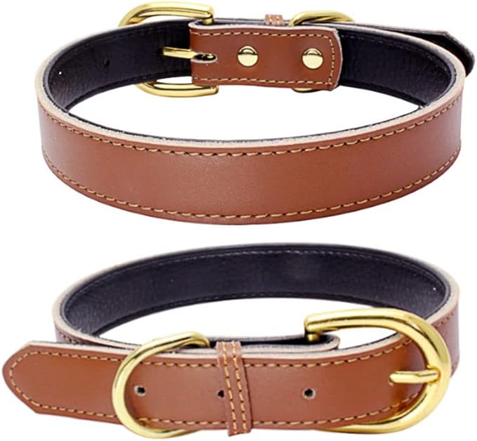 Leather Collar for Small Dogs, Soft Touch Padded Thick Genuine Cowhide Gold Buckle Durable Pet Cat Collars Adjustable for XS Puppy Medium Large Dogs, Brown XSmall