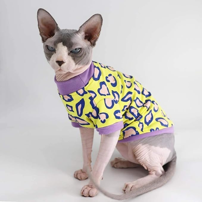 Sphynx Hairless Cat Cute Summer Cotton T-Shirts Pet Clothes,Round Collar Kitten Shirts Cats Apparel (Leopard, Medium (Pack of 1))