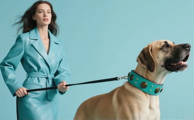 Leather Dog Collar for Medium Dogs, 2" Wide Durable Thick Strong Genuine Leather Spike Dog Collar with Metal Buckle, Padded Collar with Studded Design for Girl Boy Dogs (Teal,M)