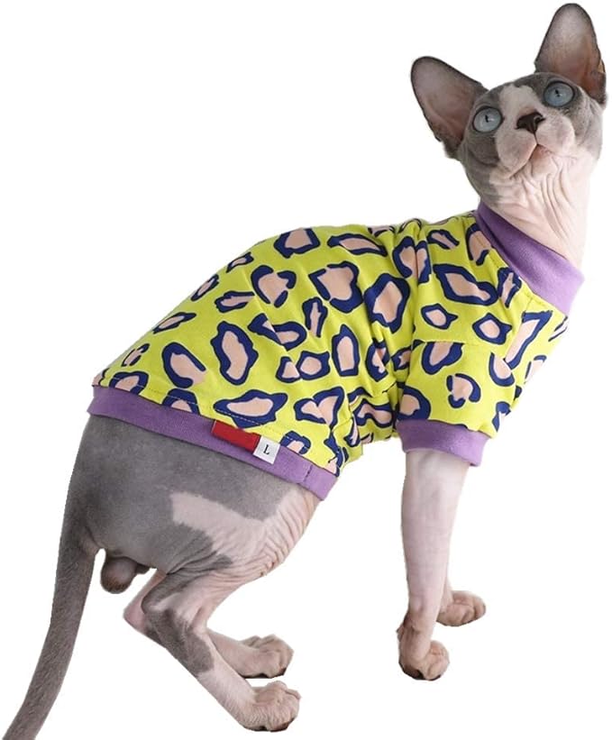 Sphynx Hairless Cat Cute Summer Cotton T-Shirts Pet Clothes,Round Collar Kitten Shirts Cats Apparel (Leopard, X-Large (Pack of 1))