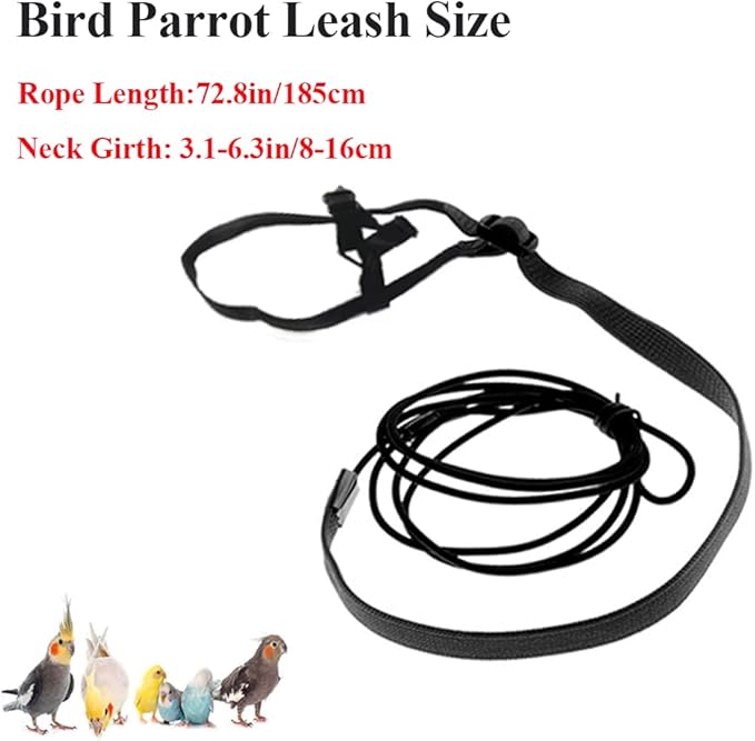 ASOCEA Adjustable Birds Harness and Leash Parrot Harness Leash Anti-Bite Bird Nylon Rope Outdoor Flying Training Rope for Small Birds Weighing 110-190 Grams (Black)