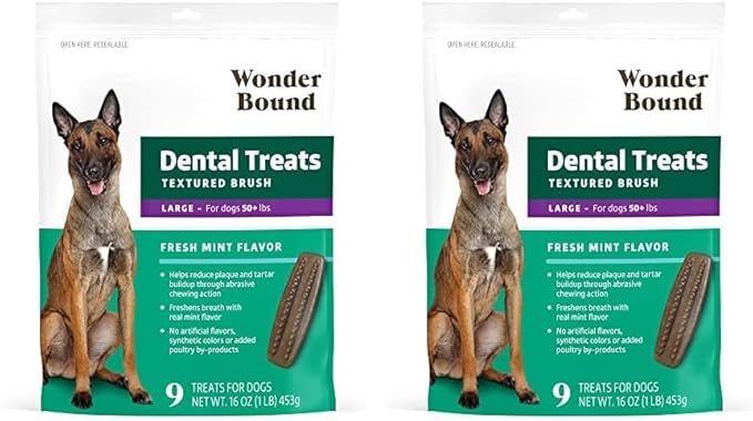 Amazon Brand - Wonder Bound Dog Dental Treats for Large Dogs (Over 50 lbs), Fresh Mint Flavor, Made with Real Chicken, Freshens Breath, Controls Plaque & Tartar, 9 Count (Pack of 2)