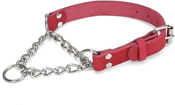 Martingale Collar for Dogs No-Pull Adjustable Training Collar with Stainless Steel Chain - Genuine Leather Anti-Slip Design for Small,Medium,Large Breed Dogs - Red (M)