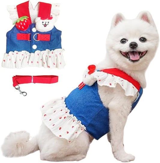ANIAC Denim Dog Dress Harness with Leash Set Cute Small Dogs Clothes Girl Heart Patterns Puppy Dresses Breathable Mesh Cat Harness Leash Strawberry Chihuahua Yorkie Outfit (White Heart, X-Large)
