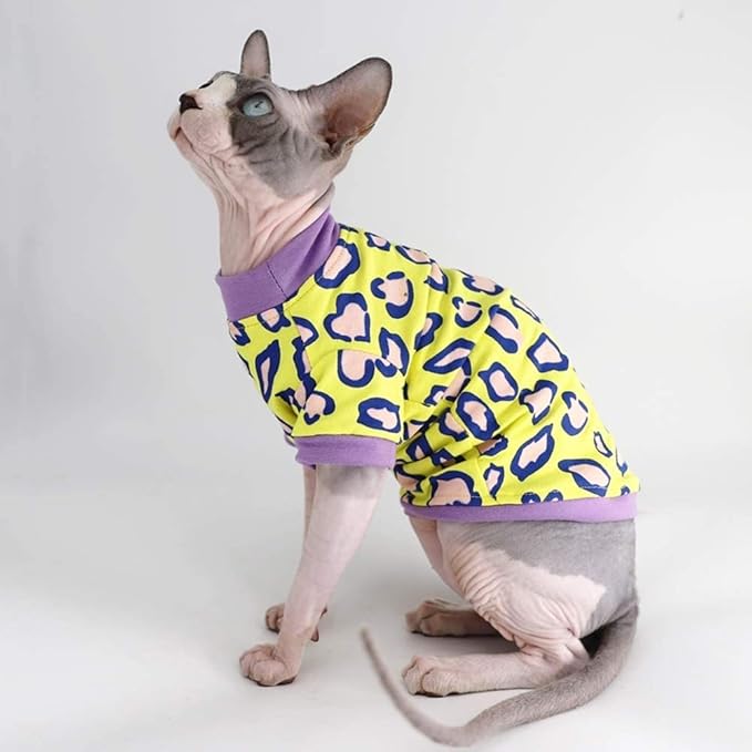 Sphynx Hairless Cat Cute Summer Cotton T-Shirts Pet Clothes,Round Collar Kitten Shirts Cats Apparel (Leopard, Medium (Pack of 1))