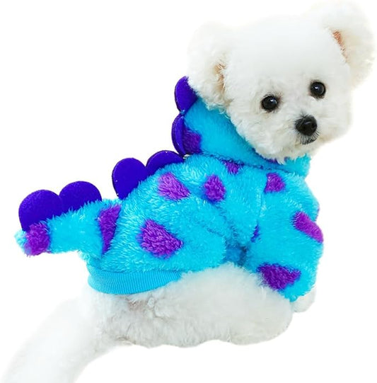 Dinosaur Dog Clothes for Small Pets, Fleece Winter Puppy Hoodies With Leash Ring, Cold Weather Coat for Cat, Funny Costume for Christmas Halloween (Blue-2, X-Large)