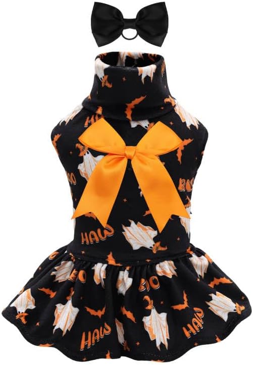 CuteBone Turtleneck Dog Velvet Dress Halloween Puppy Skirt Costume Pet Clothes Cat Apparel with Bow Hair Rope for Small Dogs CVD17S