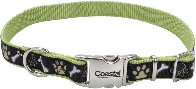 Coastal Pet - Ribbon - Adjustable Dog Collar with Metal Buckle, Brown Paws and Bones, 5/8" x 12"-18"