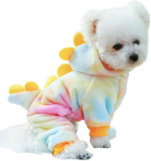 Dinosaur Dog Clothes for Girl Boy Puppy, Fleece Winter Puppy Hoodies with Leash Ring, Funny Dog Dinosaur Costume for Christmas Halloween. (Yellow, Large)