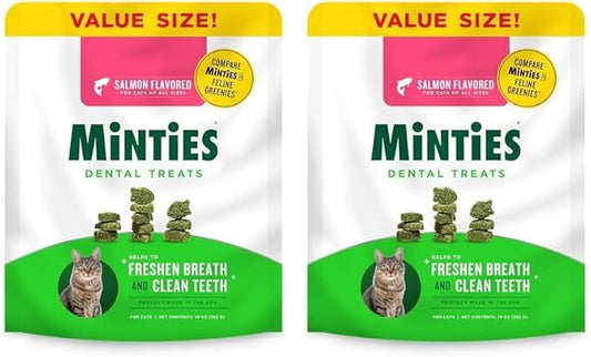Minties Dental Treats for Cats, Salmon Flavored Treats for Cats, Freshens Breath and Controls Tartar, 10oz (Pack of 2)