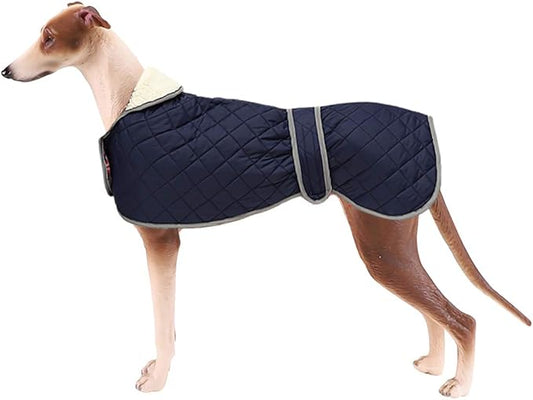 Warm Thermal Quilted Greyhound Coat with Harness Hole, Dog Winter Coat with Warm Fleece Lining, Outdoor Dog Apparel for Medium, Large Dog -Blue-S
