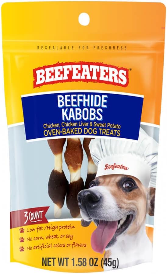 Beefeaters Beefhide Kabobs 1.58oz – (12 Pack) Dog Treat. Triple Flavor with Real Chicken, Liver & Sweet Potato, Long-Lasting Chew, Supports Dental Health, Ideal for Training